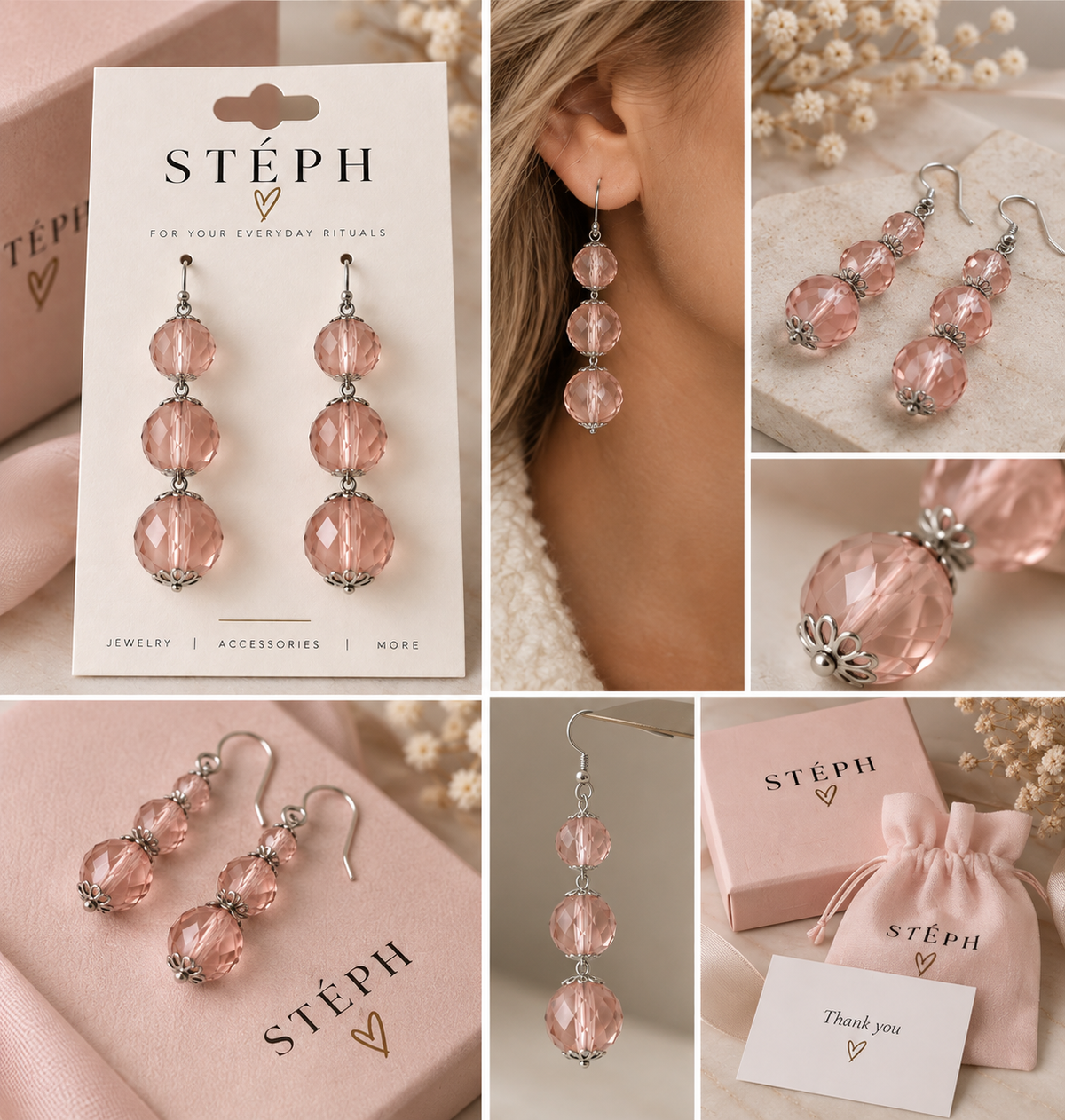 STÉPH Blush Crystal oorbellen in zilverkleurige uitvoering, detailbeeld